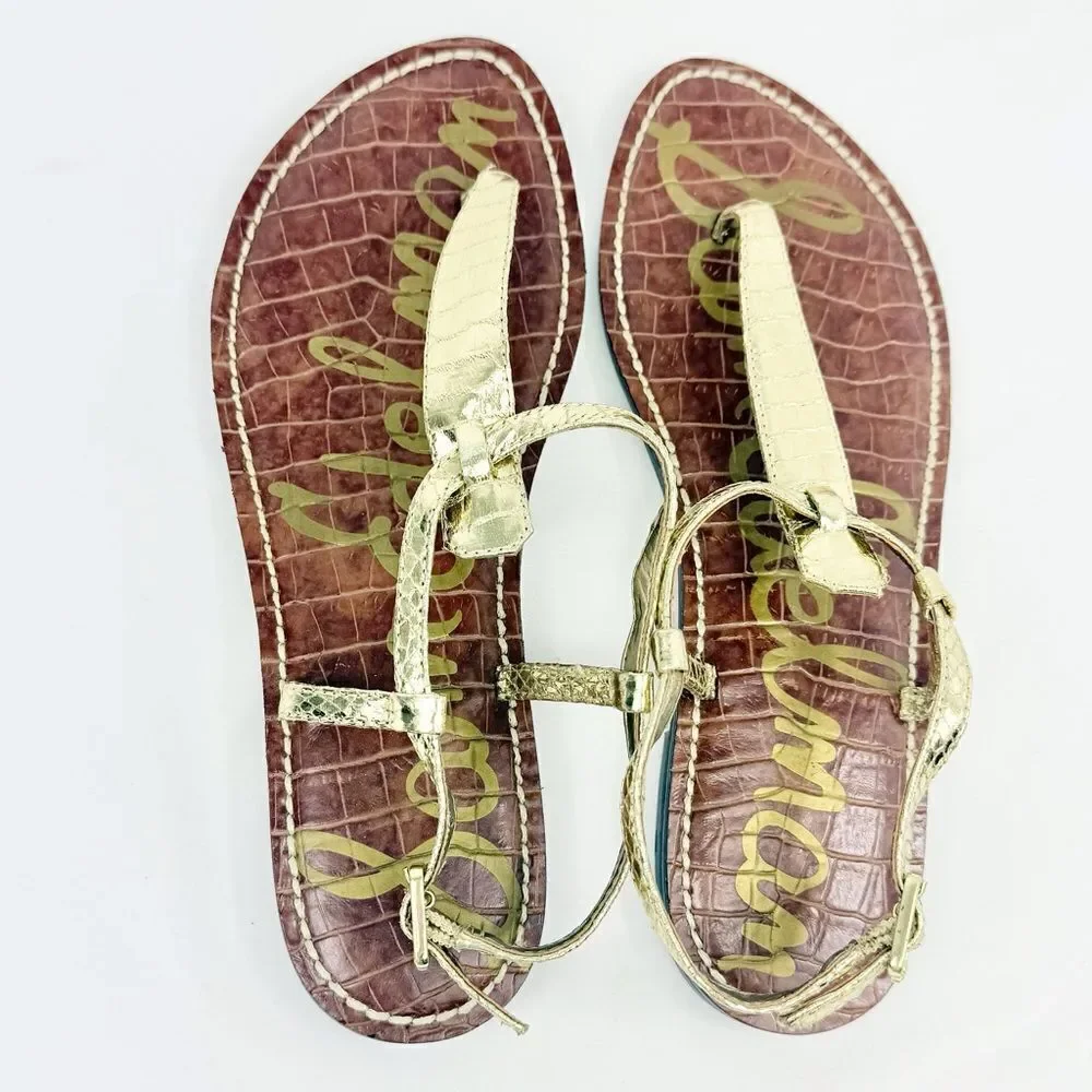 Sam Edelman GIGI Gold Metallic Reptile Embossed Leather T Strap Thong Sandals